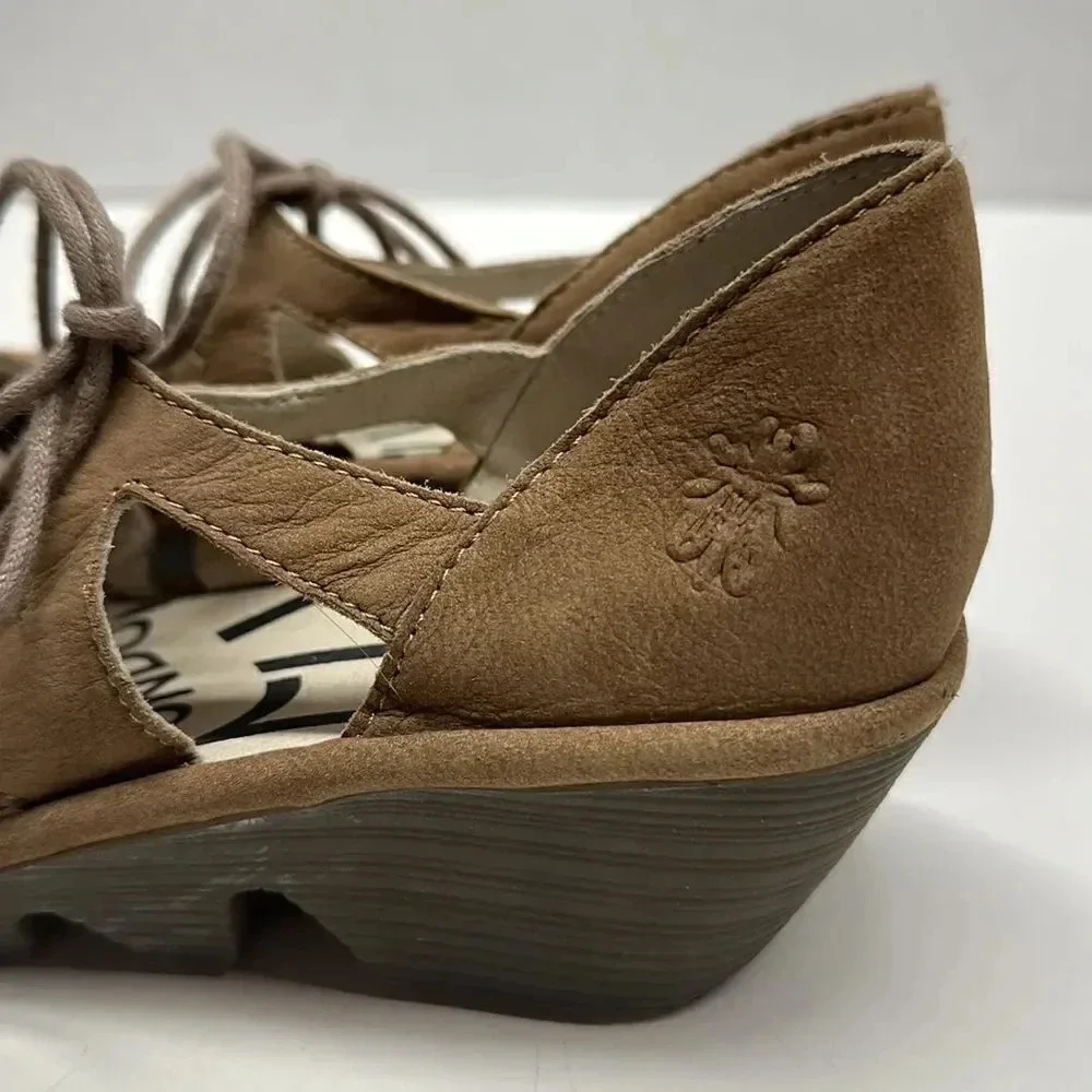 Fly London Phis Mary Jane Wedges Low Heel Suede Lace Up Shoes Tan Brown Size 8